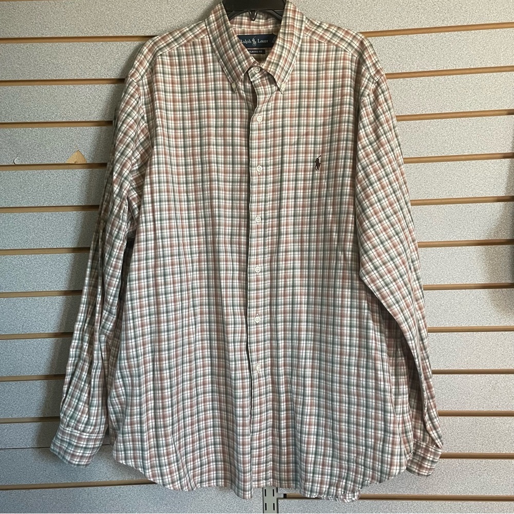 Men’s RL Ralph Lauren Long Sleeve Button Up Shirt XL Classic Fit Tan Cream Green